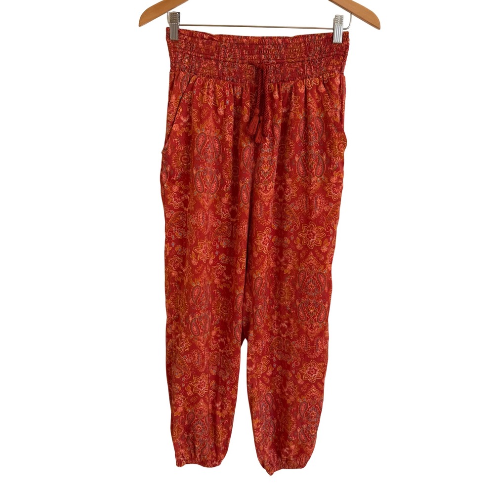 Aerie Red Paisley Floral Smocked Waist Jogger Pants Boho Tassel Medium Pull On